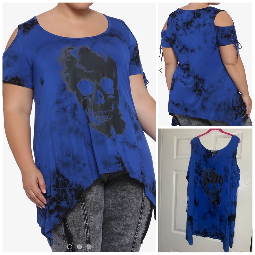 Hot Topic Skull Lace-Up Cold Shoulder Shark Bite Tie-Dye Top